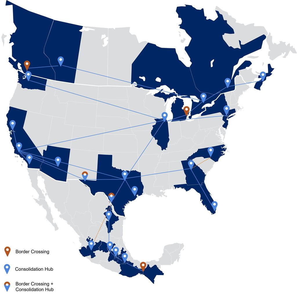 Mapa con red de consolidación de carga terrestre de DSV